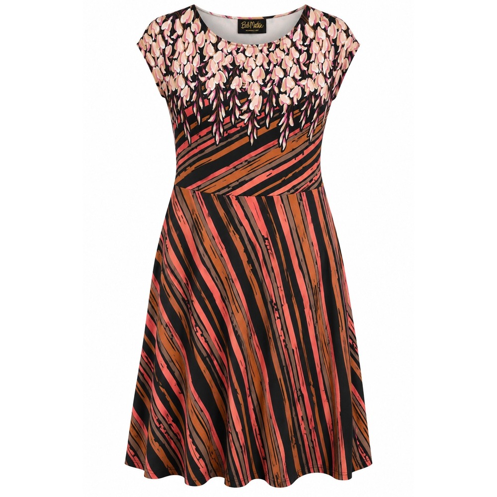Bob Mackie Wearable Art Dress Large Floral Stripe Midi Cap Sleeve Mixed Print